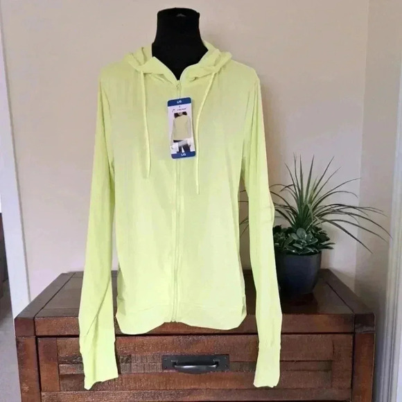 ❤️ Head Hoodie Cool Down Lightweight Large Bright Yellow Stretch Zip Active Top - Picture 4 of 15